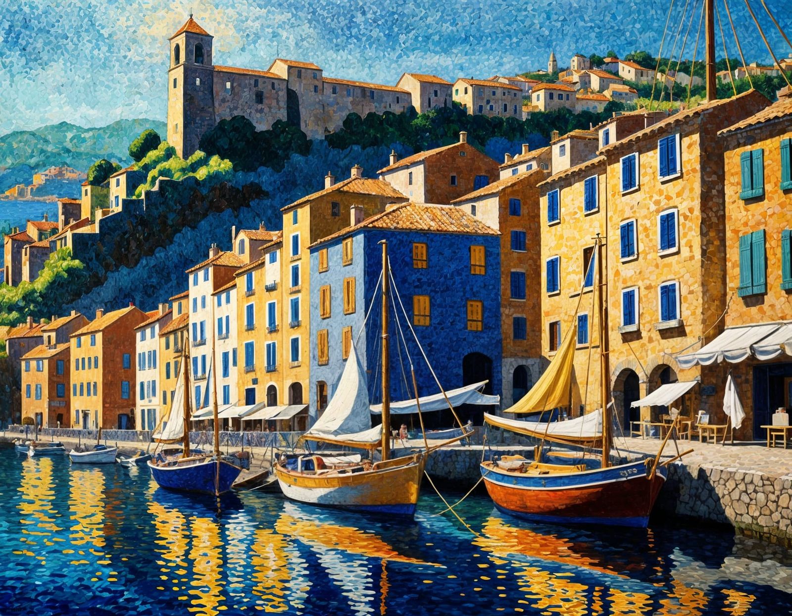 Collioure Harbor in Pointillist Abstract Art