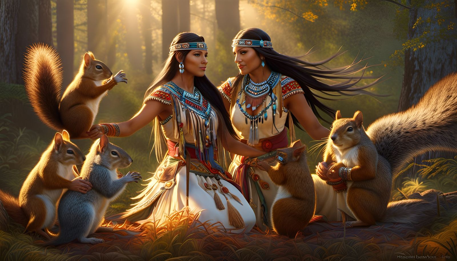 Native American Woman Dancing with Squirrels