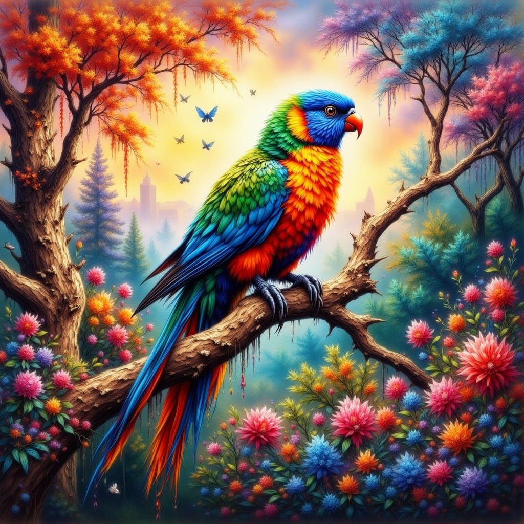 Exotic Rainbow Bird on Colorful Tree Branch in Golden Hour