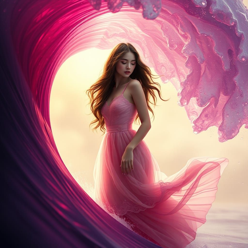 Magenta Wave Woman in Dreamlike Surrealist Style