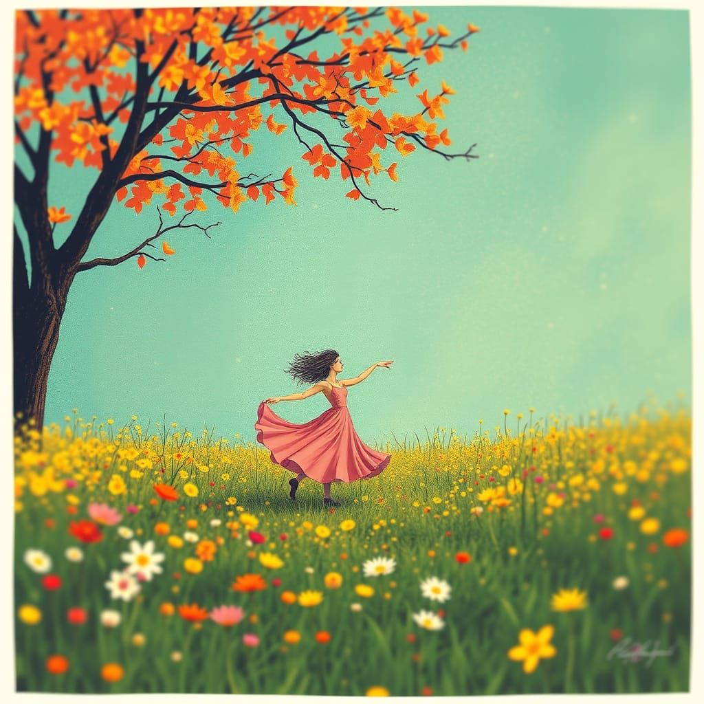 Vibrant Spring Dancer in a Triadic Colour Risograph Art Styl...