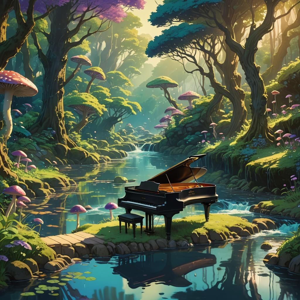 Piano Flows Down River in Studio Ghibli Style
