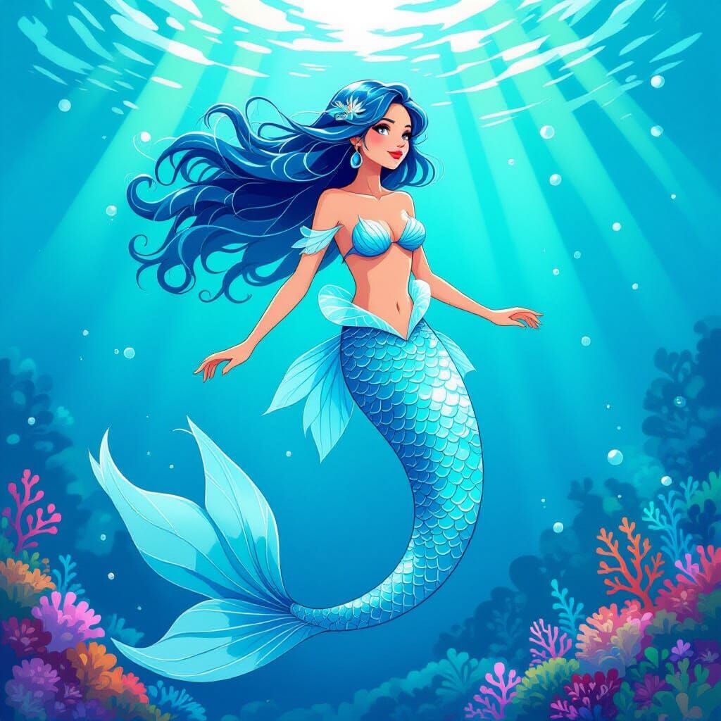 Mermaid with Turquoise Tail Swimming in Vibrant Ocean