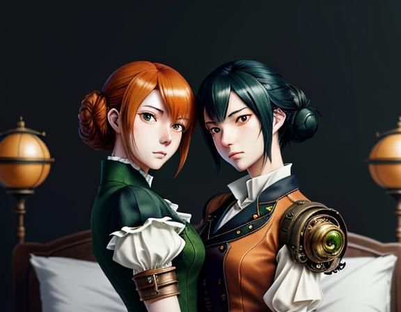 Steampunk Twin Sisters Kissing in Anime Style
