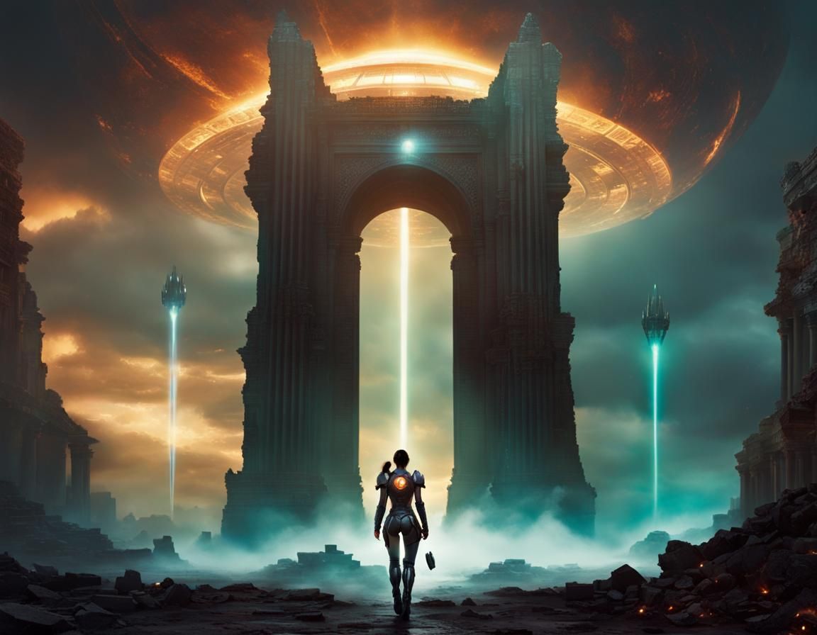 Cyborg in Alien Ruins: Digital Watercolor Art