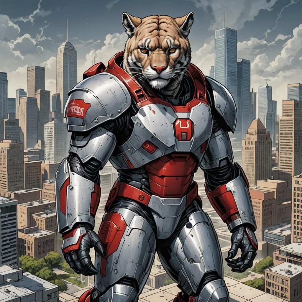 Armored Cougar Superhero in Comic Book Style