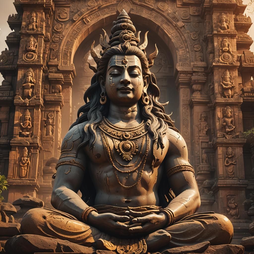 Shiva Meditating Amidst Temple Ruins in Golden Light