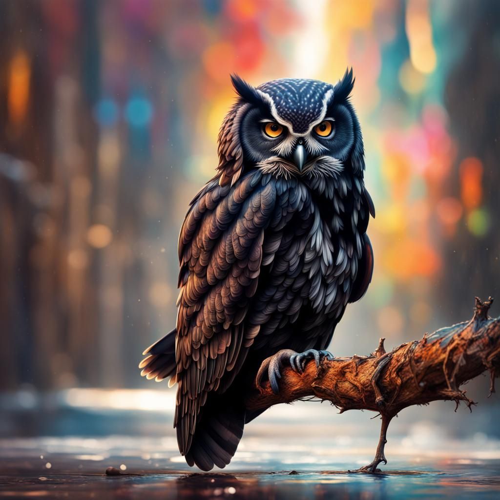 Hyperrealistic Black Owl in Splash Art Style