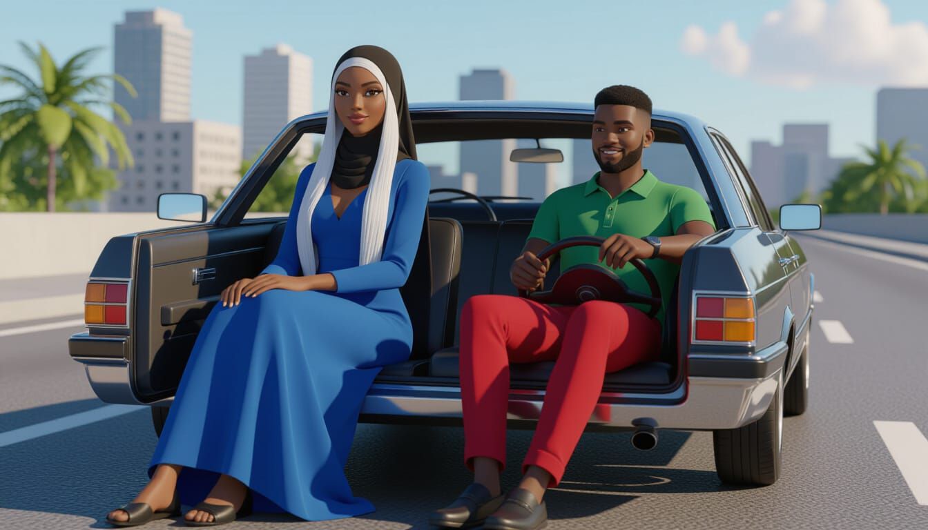 Realistic Animated Style African Woman in Blue Dress Driving