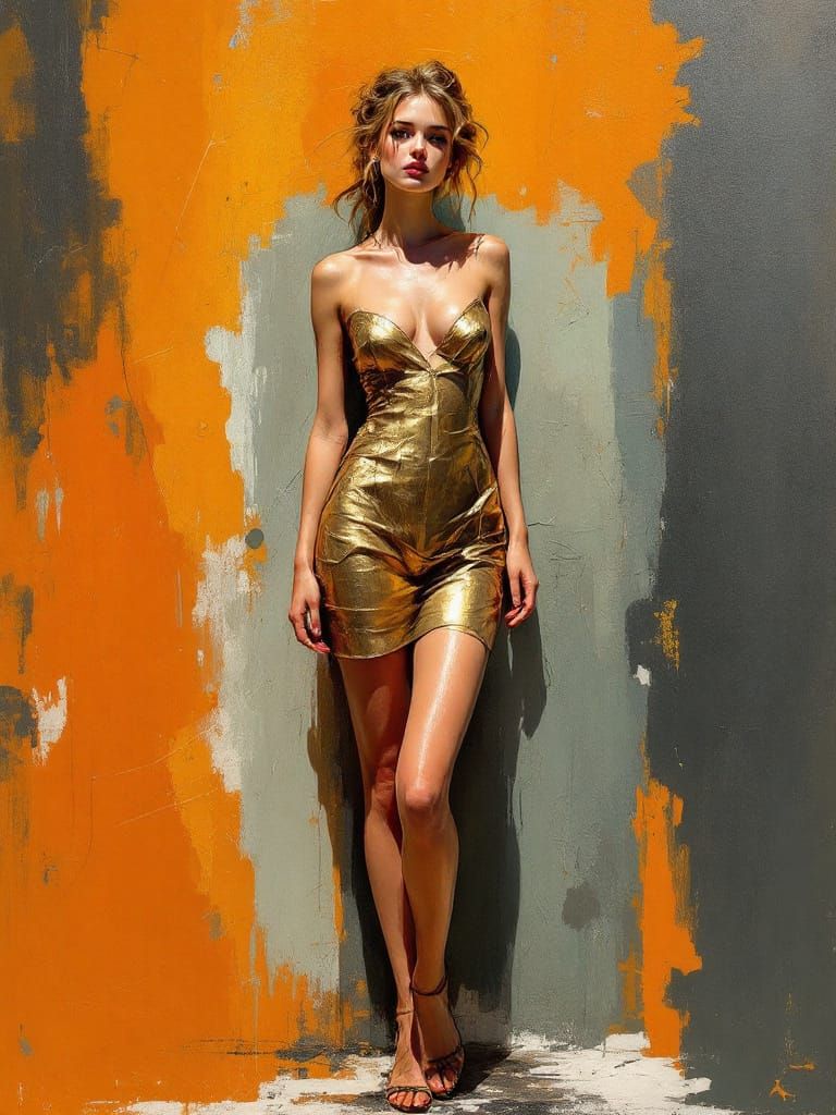 Golden Sundress Portrait in Textured Impasto Style