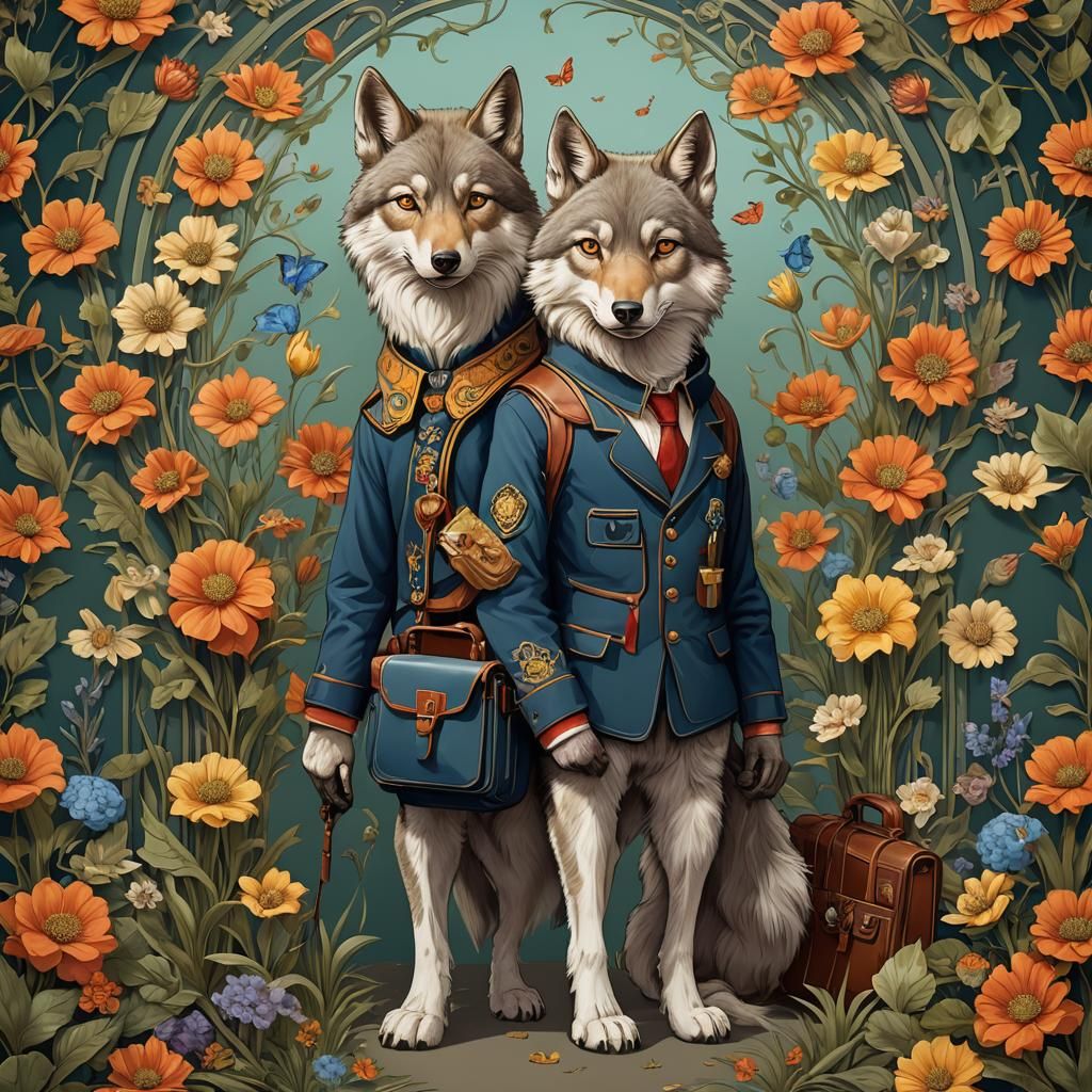 Wolf in School Uniform: Art Nouveau Digital Painting
