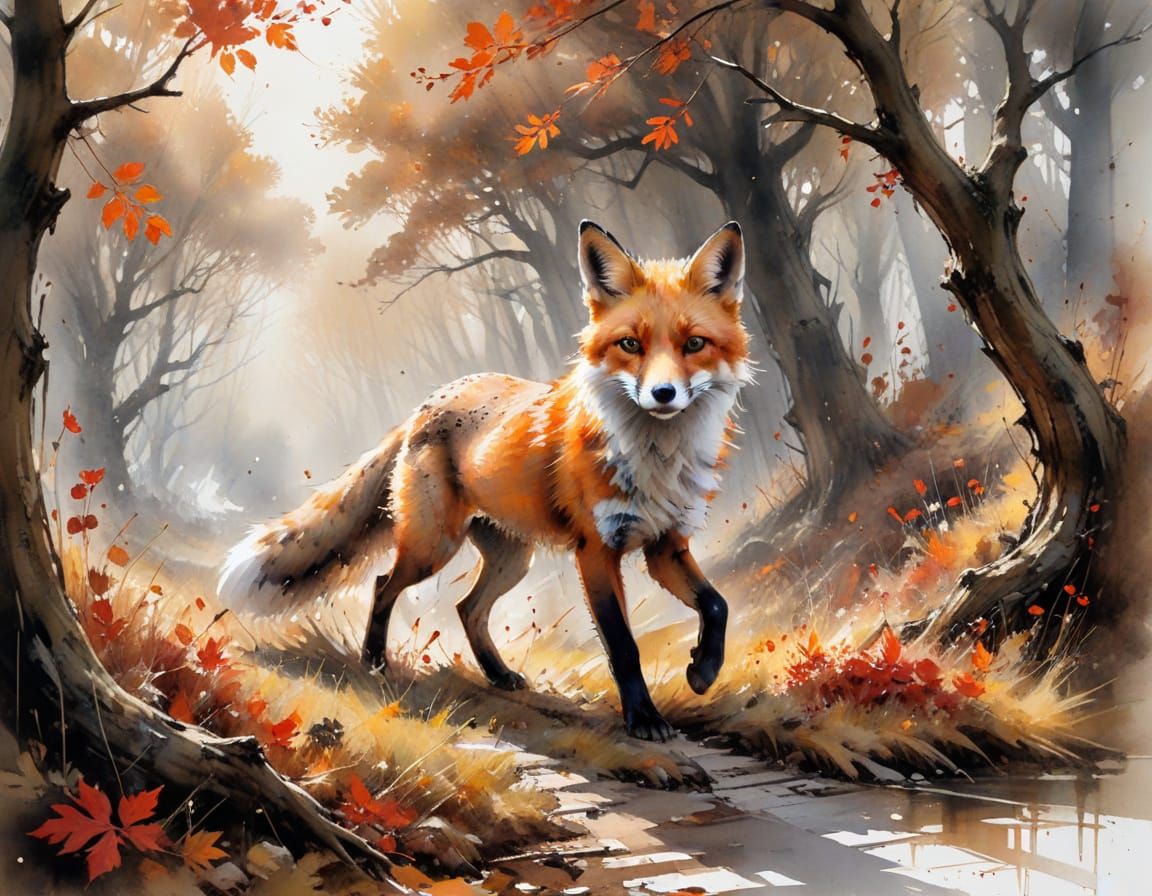 Red Fox in Autumn Oak Forest: Watercolor Art