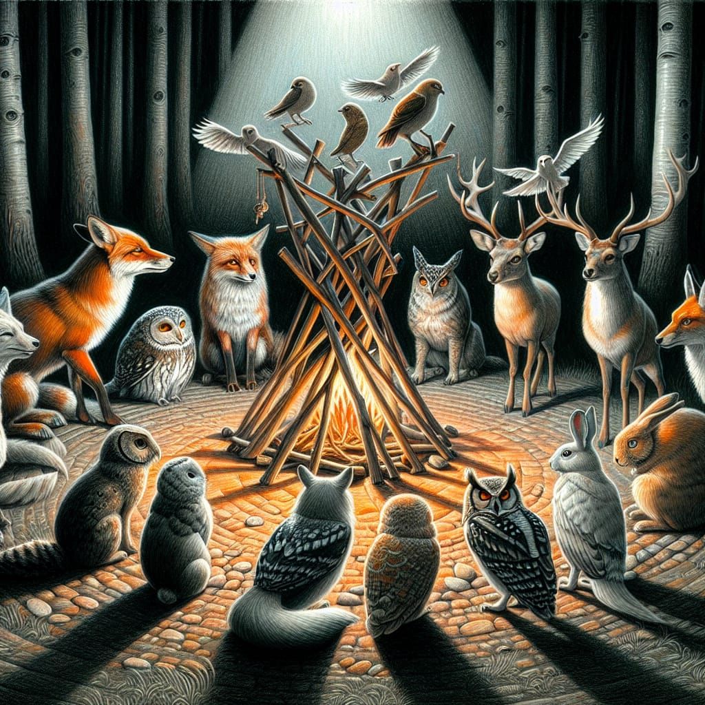 Forest Creatures Cult Gathering in Folk Art Style