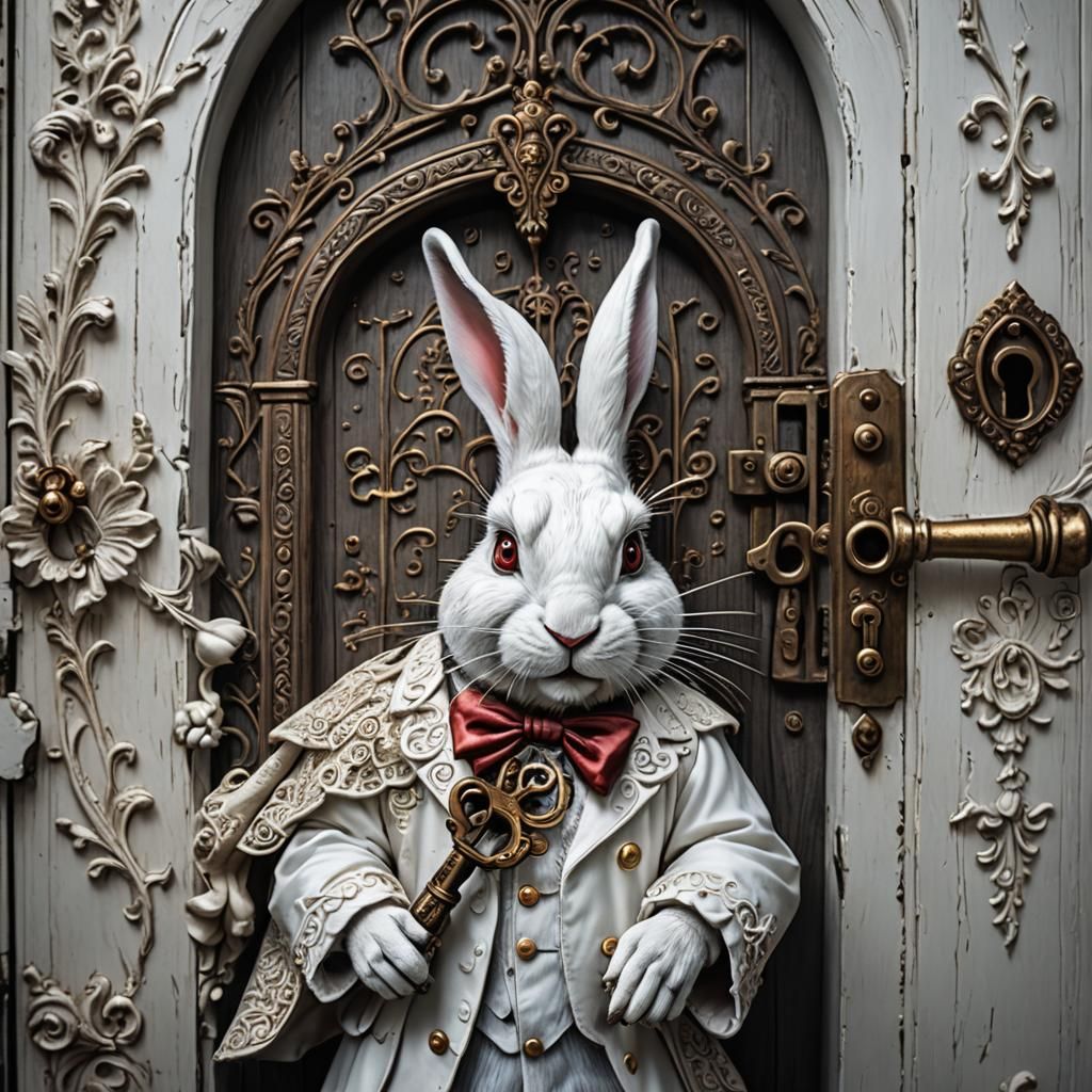 White Rabbit Unlocks Wonderland Door: Hyperrealistic Image