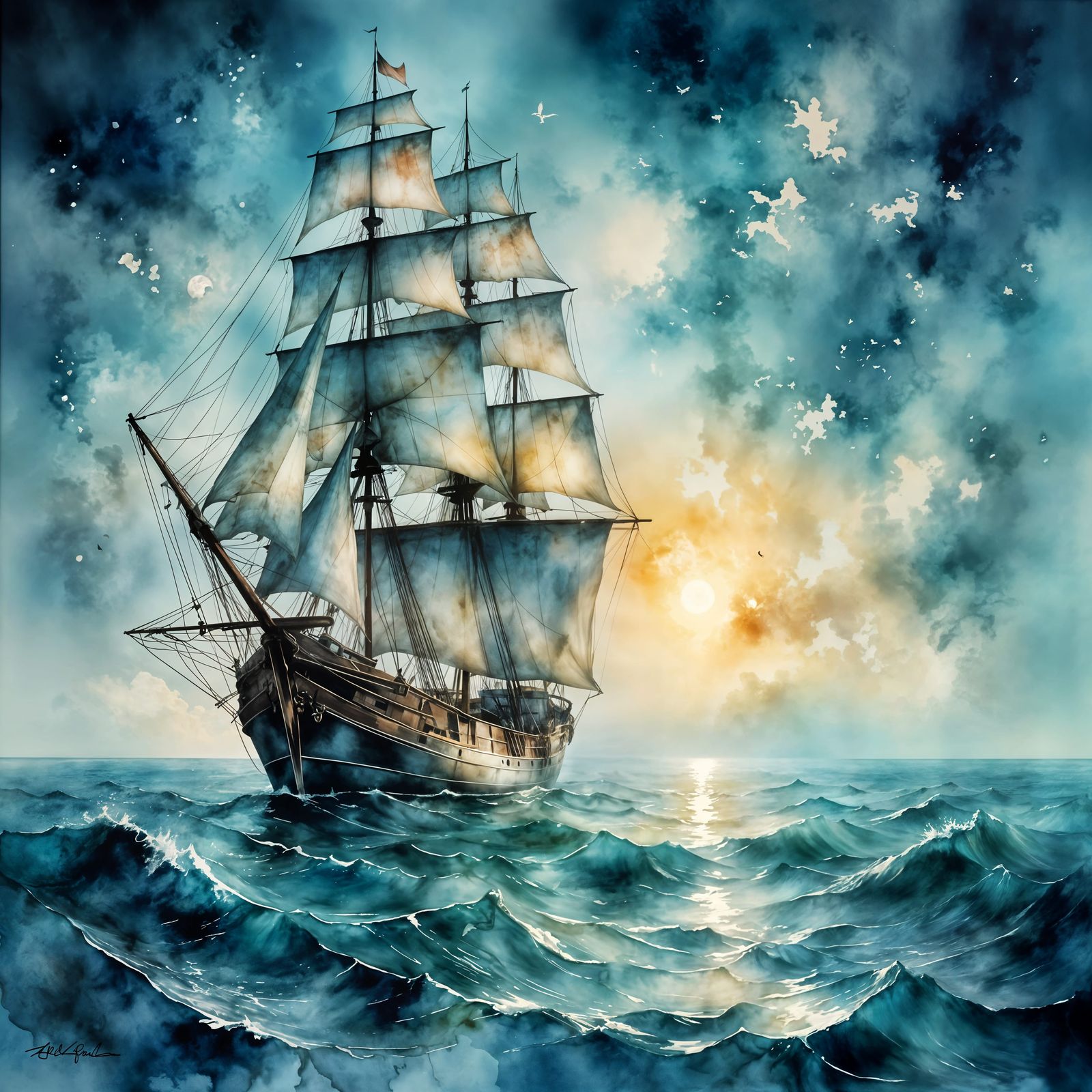 Majestic Ship on Dreamlike Ocean in Watercolor and Gouache S...