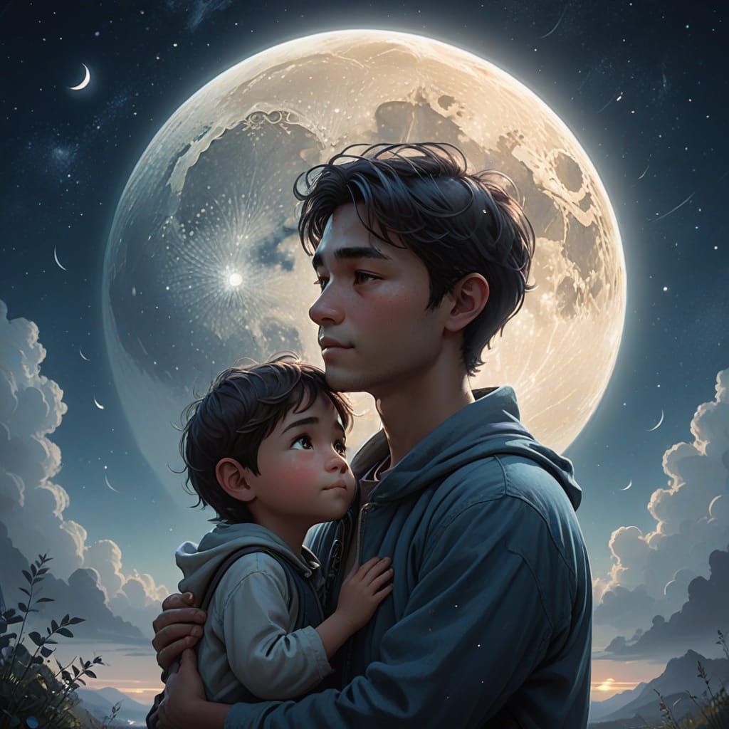 Fantasy Art: Moon Embraces Sad Boy in Dreamlike Scene