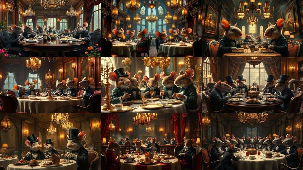 Elegant Victorian Mice Dine in Whimsical Restaurant Settings