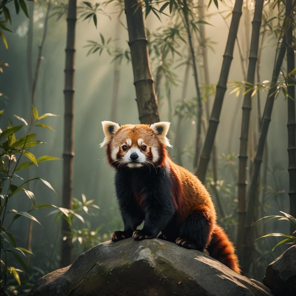 Red Panda in Misty Bamboo Forest, Cinematic Style