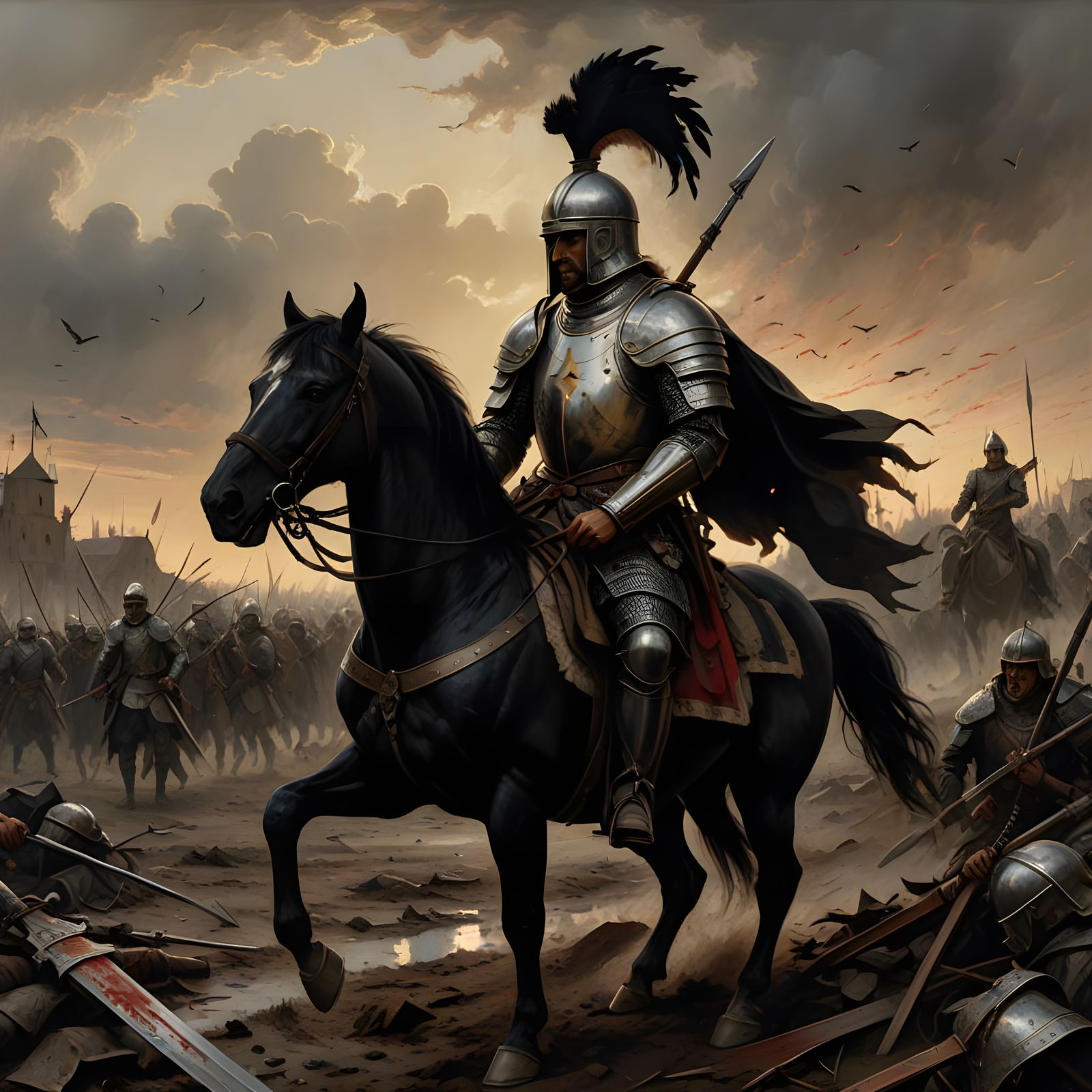 Medieval Polish Hussar in Desolate Battlefield at Dusk