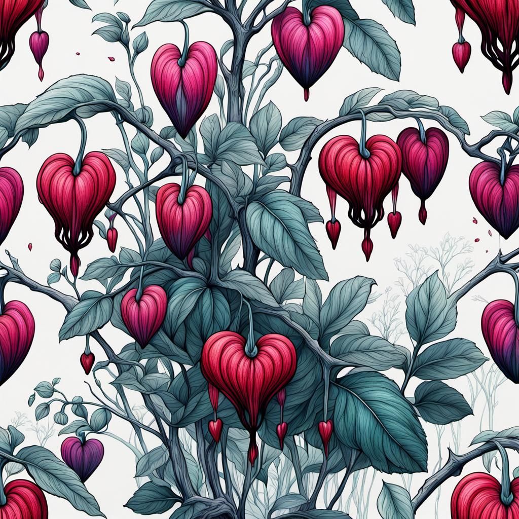Detailed Ink Drawing of Bleeding Heart Plants