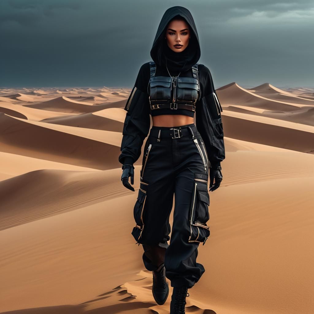 Cyberpunk Woman in Desert Landscape as Oil Painting