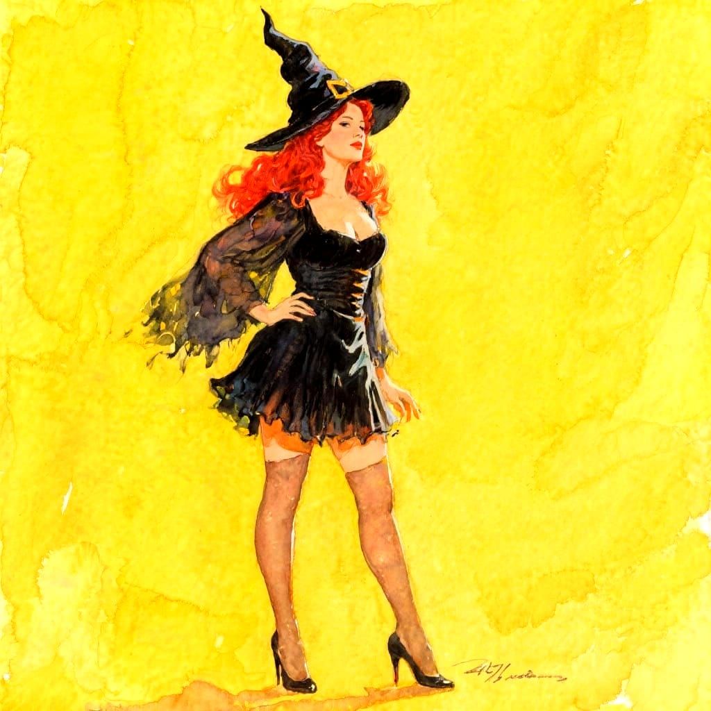 Woman in Witch Costume Flies High in Watercolor Style