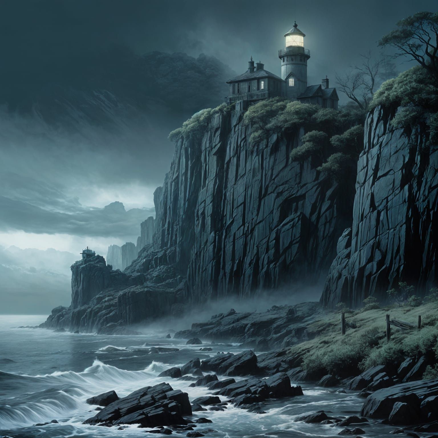 The isolation and cold nights of the lighthouse. Ravaged cli...