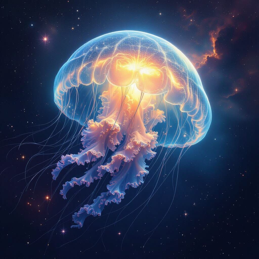 Colossal Bioluminescent Jellyfish in Cosmic Nebula