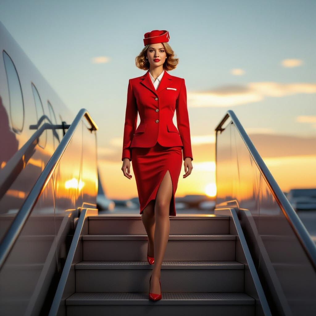 Stewardess Ascends Airplane Stairs at Sunrise