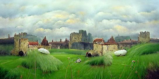 Medieval Town and Castle Oil Painting