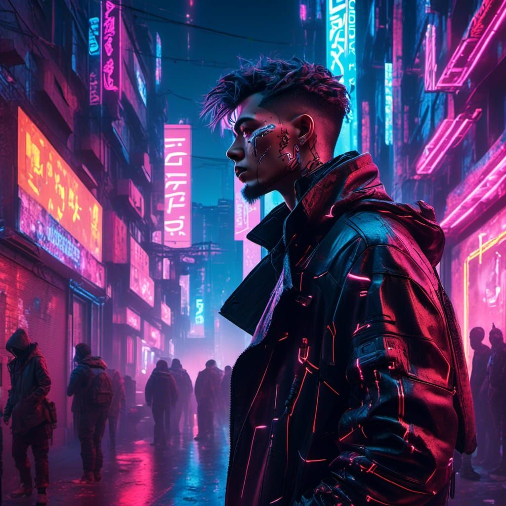 Cyberpunk Smoker in Dystopian Neon Cityscape