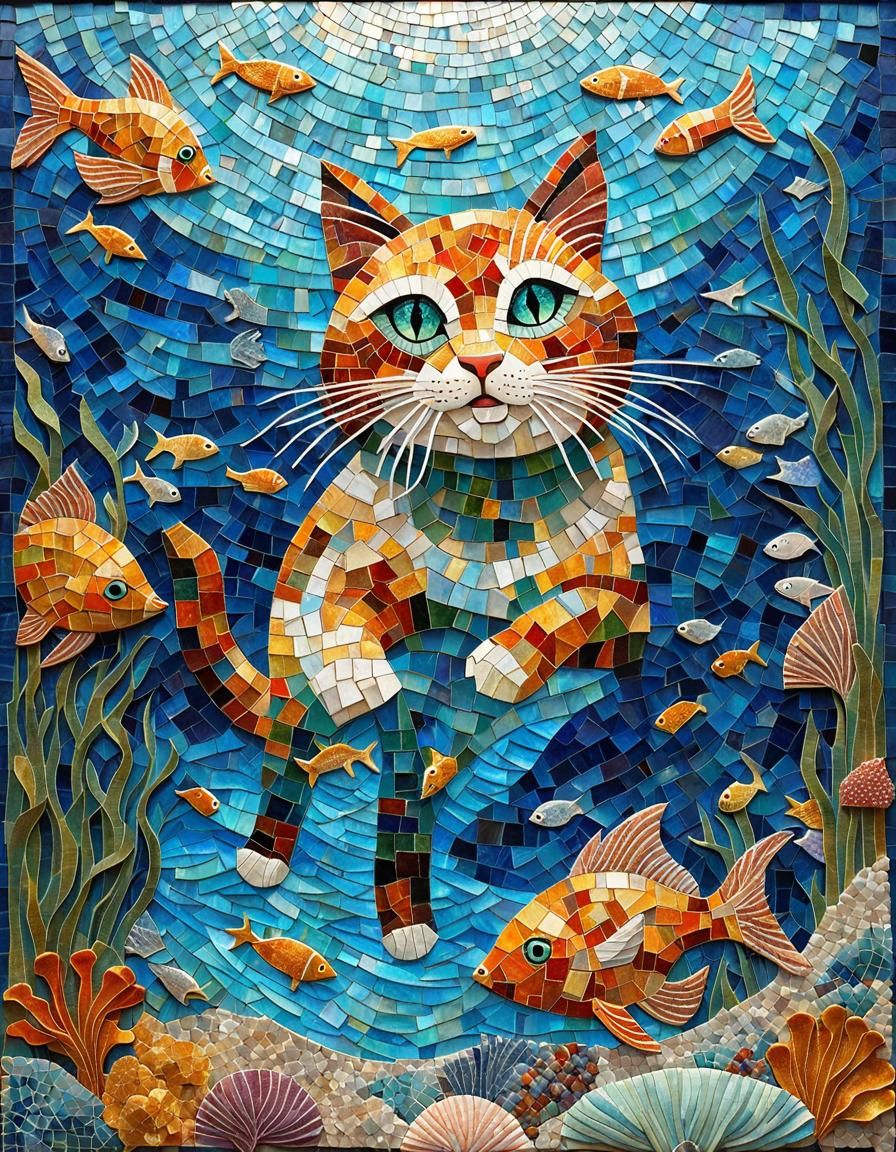 Perfect mosaic diorama , mixed media Glittery mosaic art of a legendary mosaic a cat dancing with fish on sea floor, sur...