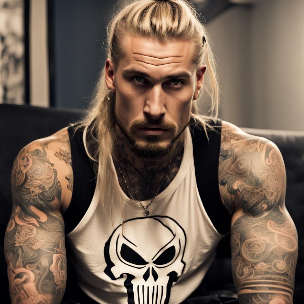 Punisher Inspired Character with Tattoos and Man Bun
