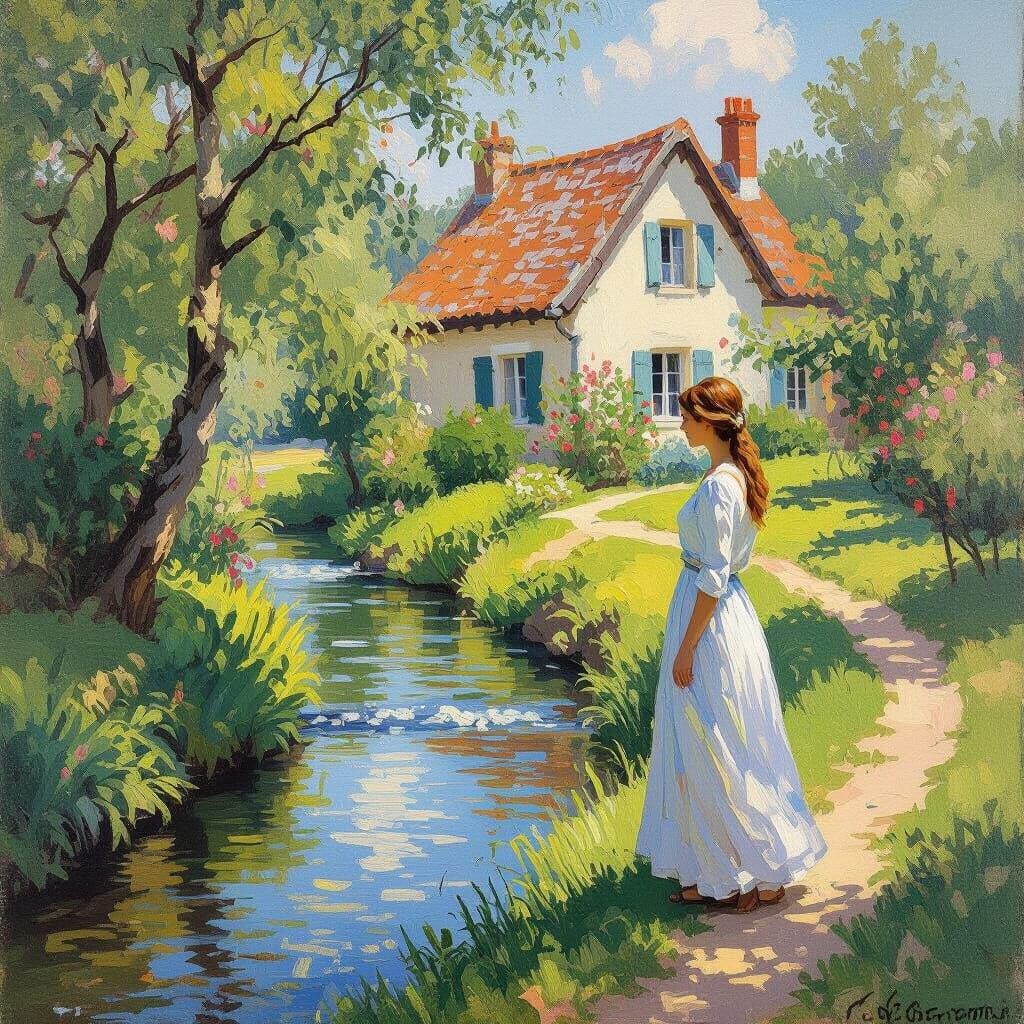 Woman by Gentle Stream, Impressionist Style