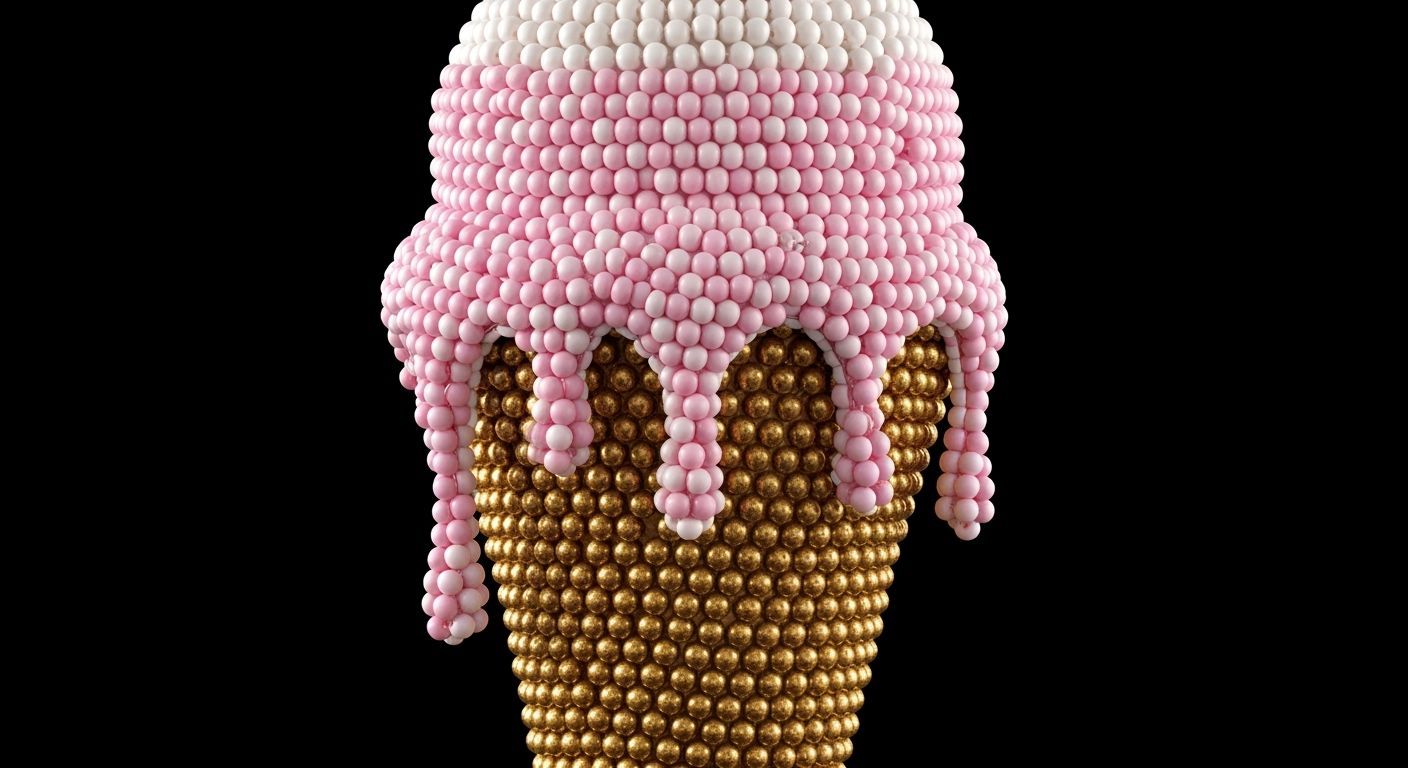 Photorealistic Melting Ice Cream Cone with Pink and White Be...