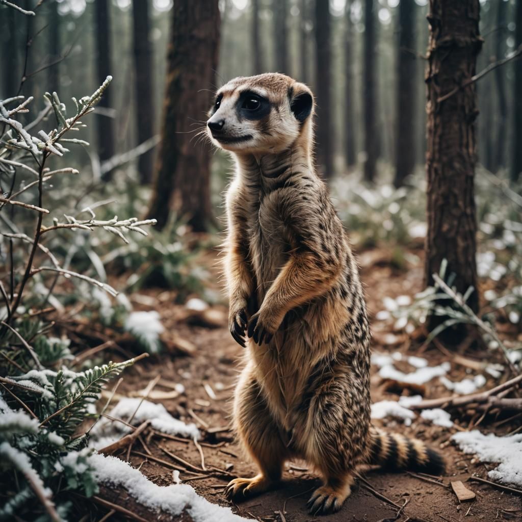 Meerkat in Winter Forest: Cinematic Film Still