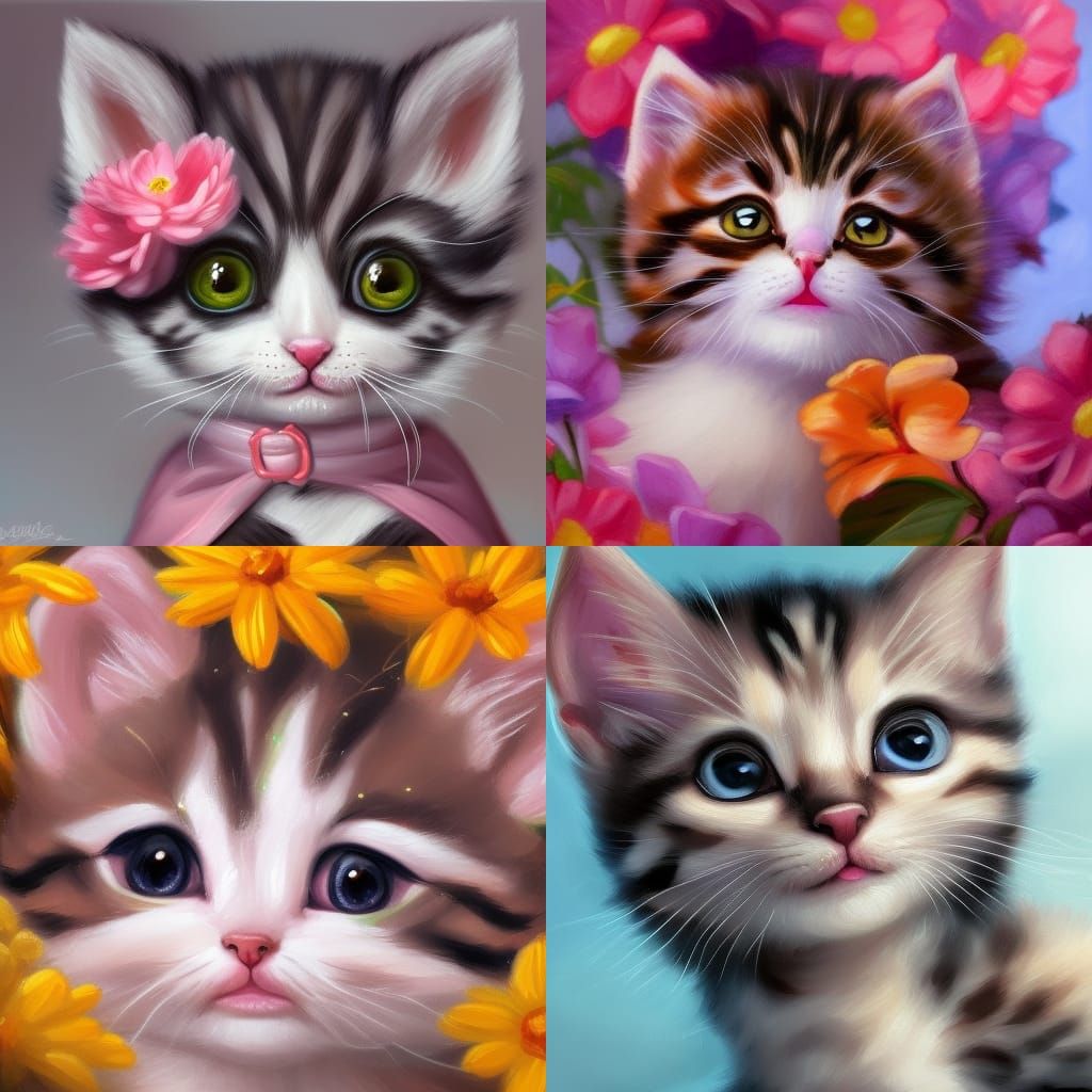 Cute Cartoon Kitten with Flowers, Detailed Art