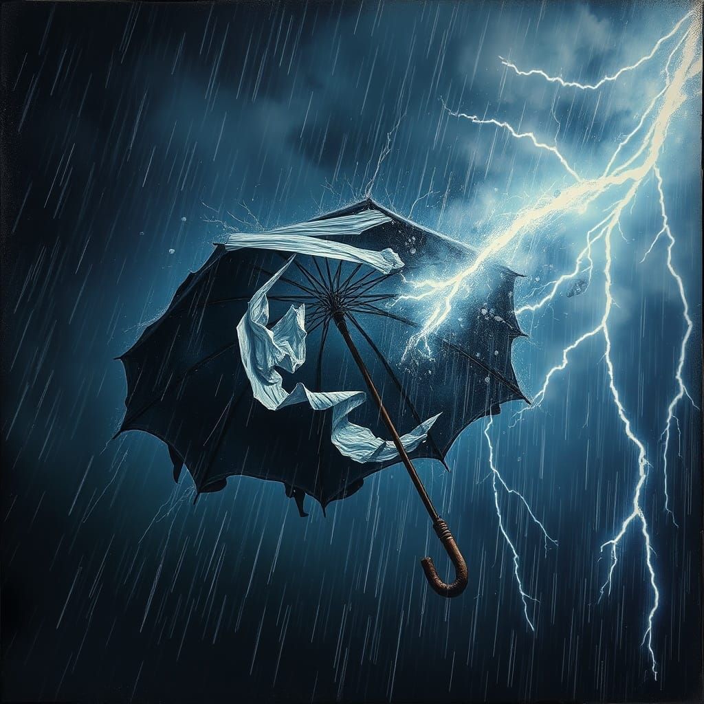 Broken Umbrella in Fierce Lightning Storm