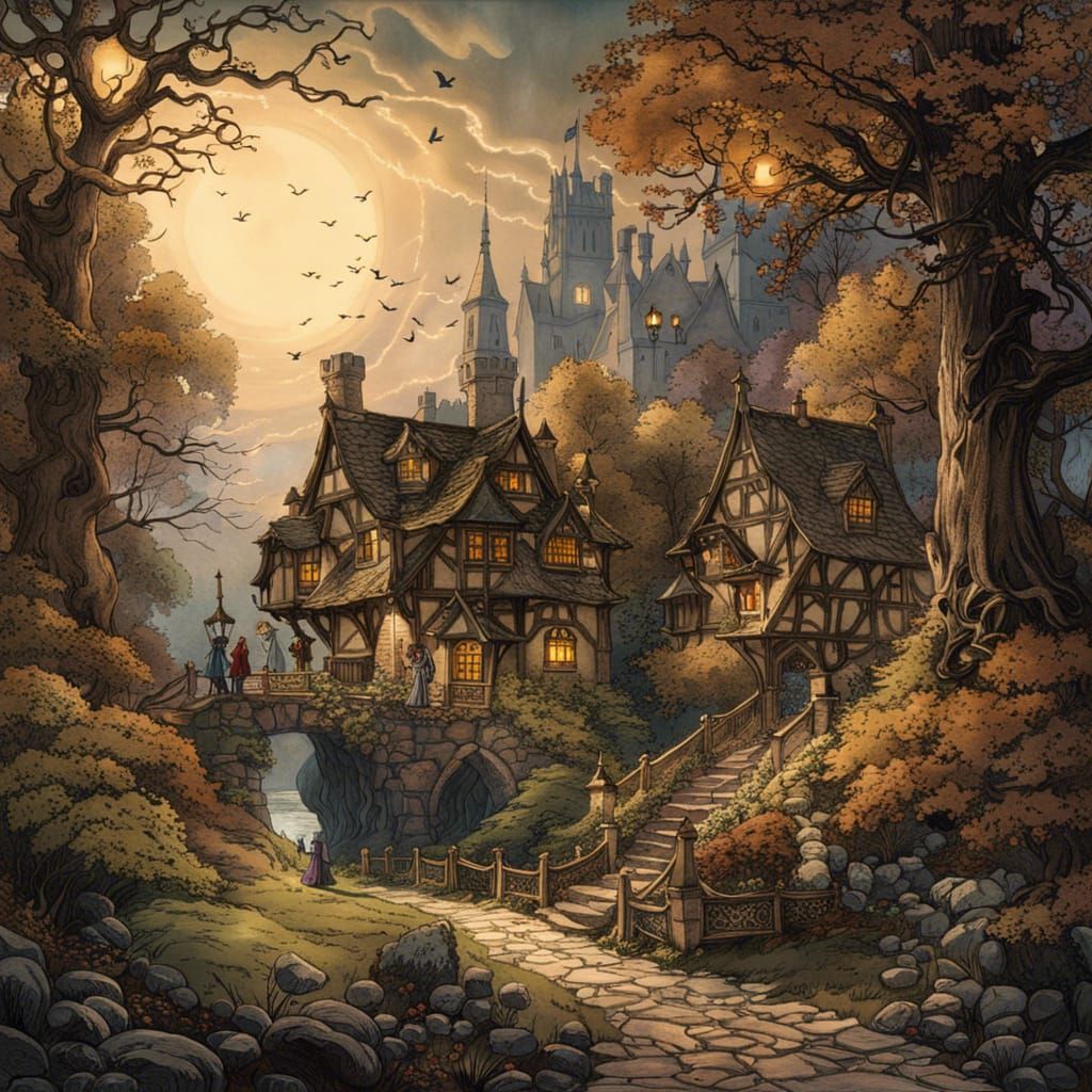 Fairytale Village Scene in Arthur Rackham Style