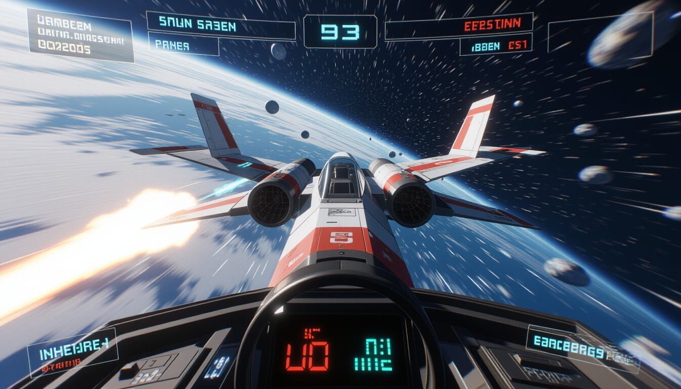 Immersive 1982 Spacefighter Arcade Game in Photorealism
