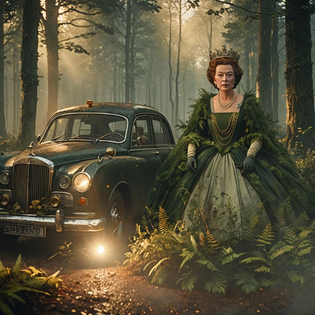Queen Elizabeth Rides in Car Through Misty Forest