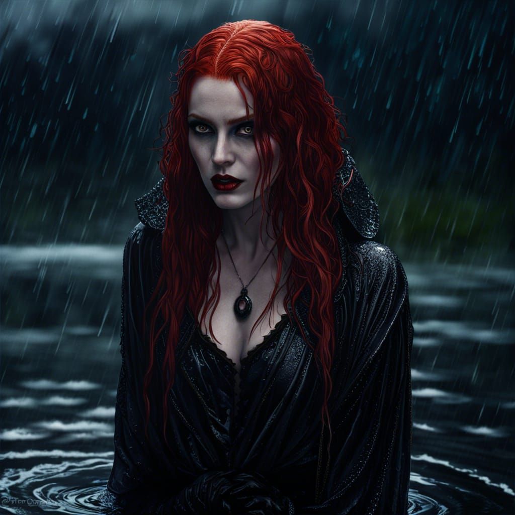 Redhead Vampire in Raining Lake at Night