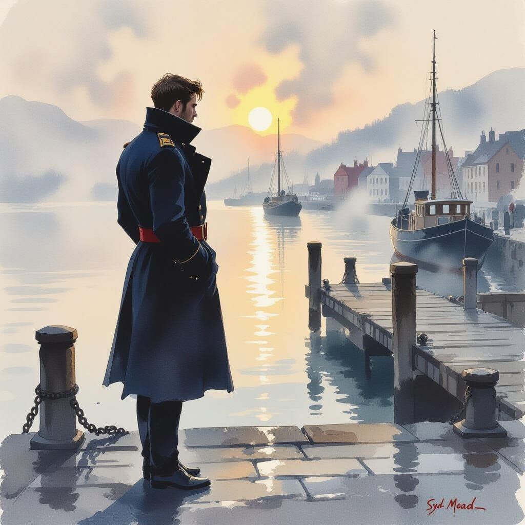 Guardsman on Misty Dock in Soft Watercolor Style