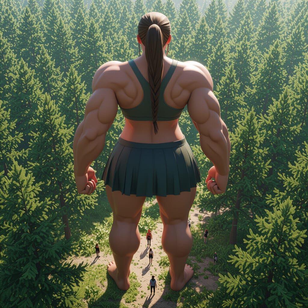 Giant Nordic Woman Over Forest In Realistic 3D Anime Style