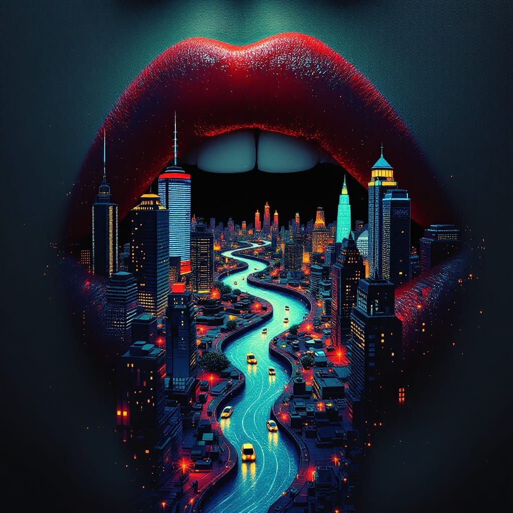 Surreal Nocturnal Cityscape Erupts from a Woman's Lips