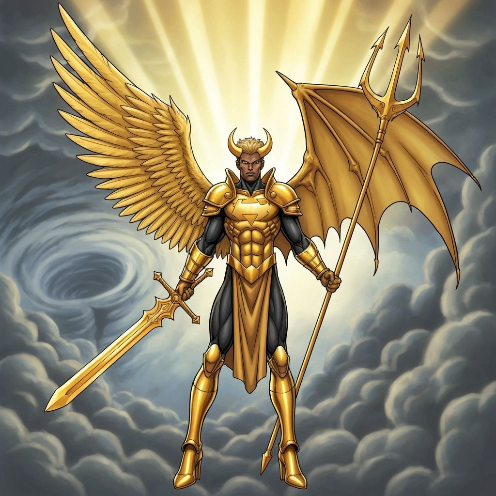 Golden Angelic Figure with Dual Wings in Comic Style