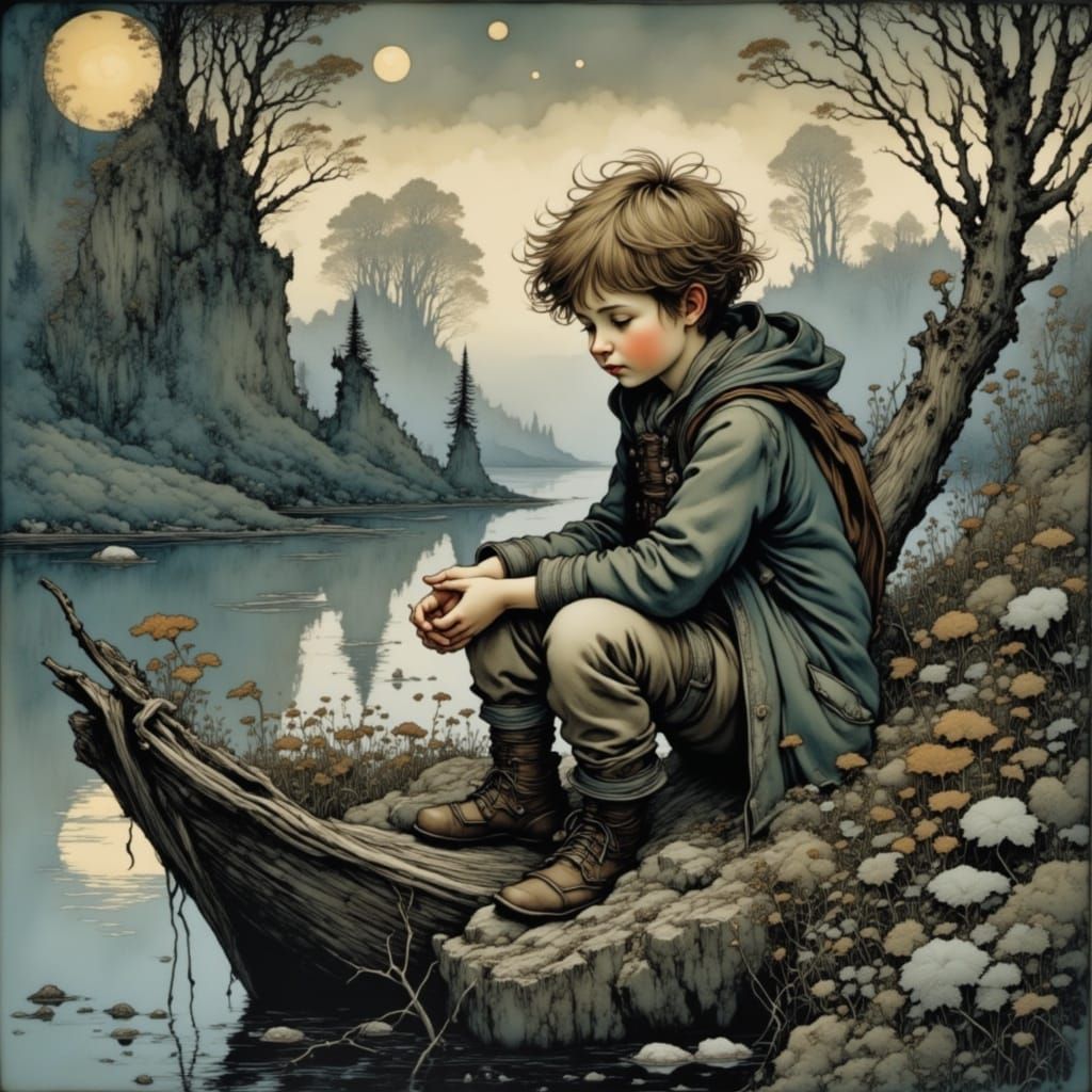 Boy Fishing on Shipwreck in Mysterious Deep Color Style