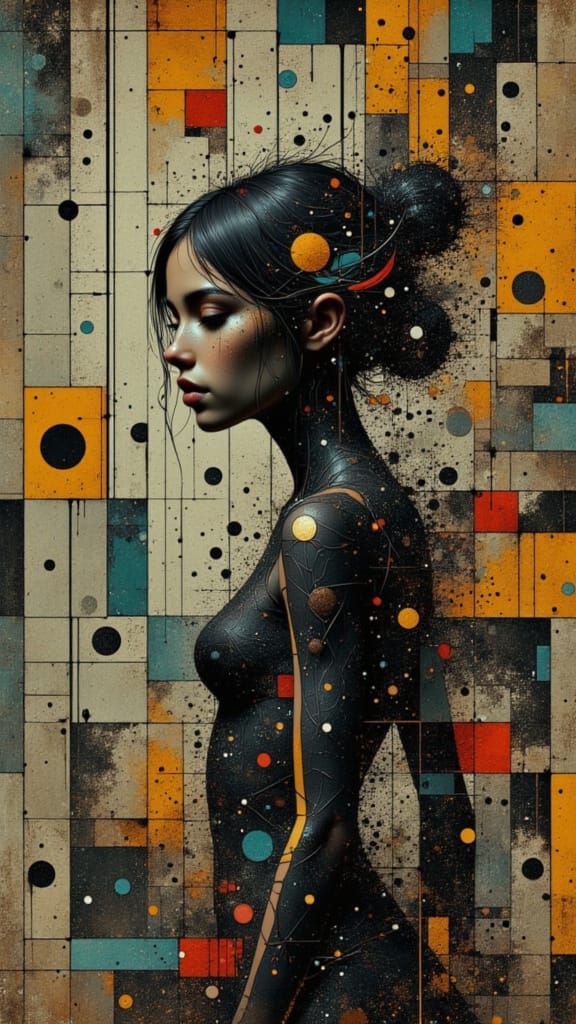 Woman Merges with Geometric Wall Art
