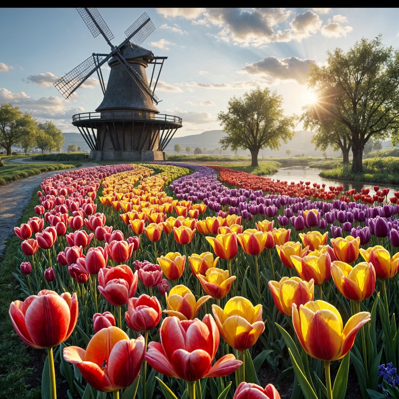 Vibrant Tulip Rows in a Sunrise Landscape