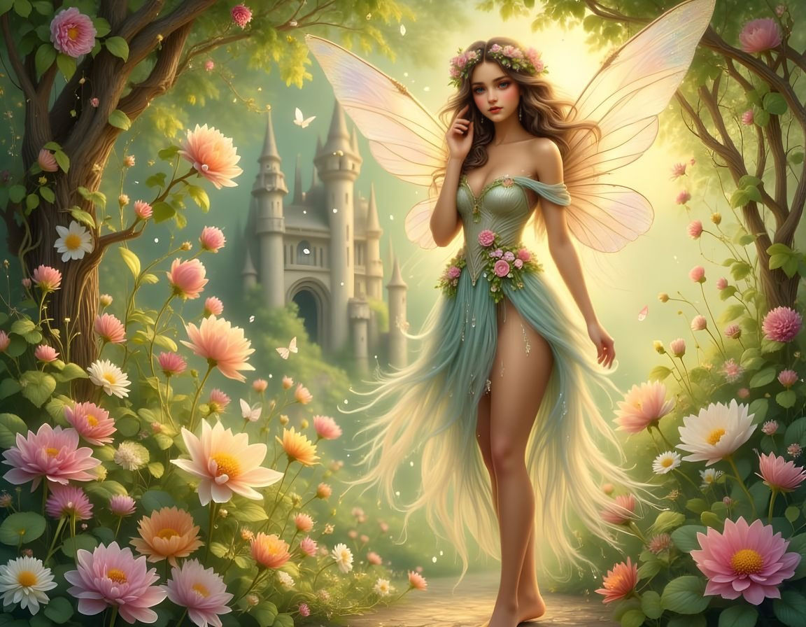 Magical Summer Fairy Near Castle in Renoir Style